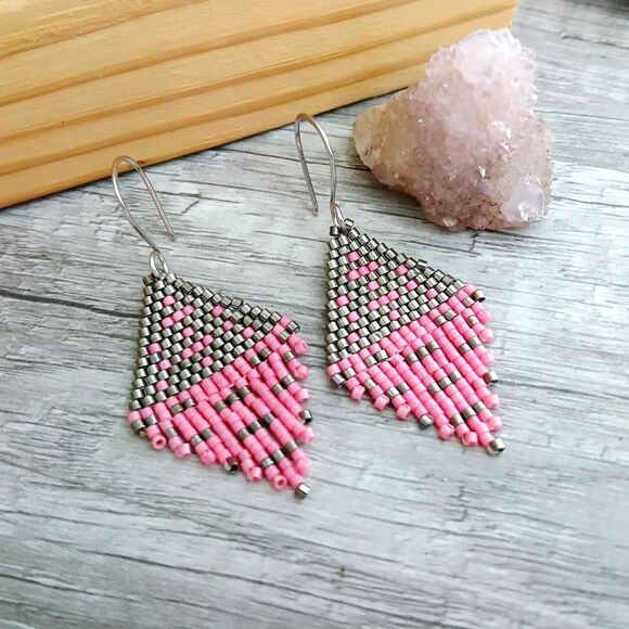 Boho Chic Beaded Fringe Dangle Earrings, Pink & Grey Seed Bead Jewelry, 2" - Picture 3 of 6